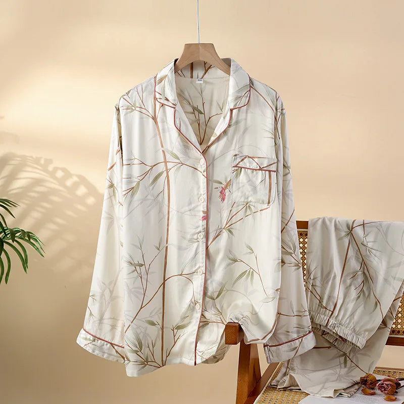 High Quality Women's Cotton Viscose Sleepwear Clothes Fresh and Elegant Thin Style Long Sleeved Pants Set Home Clothes