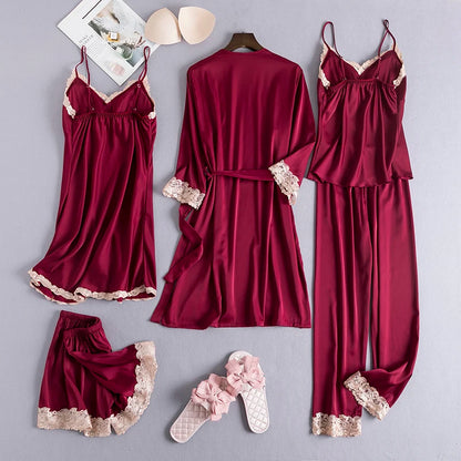 Women Black Lace Kimono Robe Sets Sexy Nightgown Bride Dressing Gown Sleepwear Rayon Pyjamas Suit Summer M-XXL Casual Home Wear