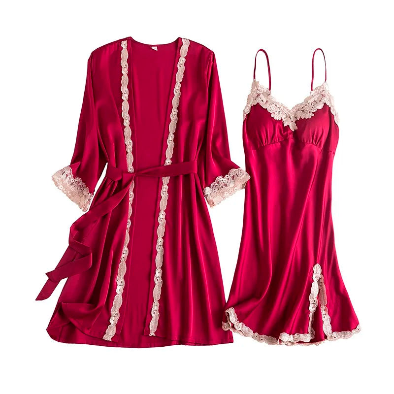 Women Black Lace Kimono Robe Sets Sexy Nightgown Bride Dressing Gown Sleepwear Rayon Pyjamas Suit Summer M-XXL Casual Home Wear