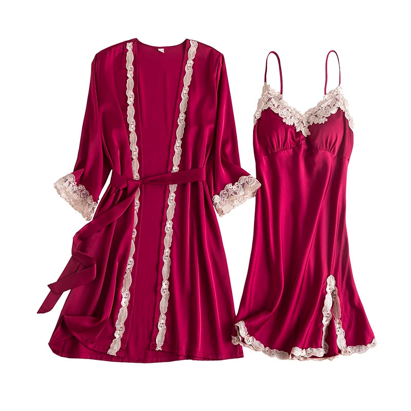 Women Black Lace Kimono Robe Sets Sexy Nightgown Bride Dressing Gown Sleepwear Rayon Pyjamas Suit Summer M-XXL Casual Home Wear