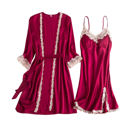Women Black Lace Kimono Robe Sets Sexy Nightgown Bride Dressing Gown Sleepwear Rayon Pyjamas Suit Summer M-XXL Casual Home Wear