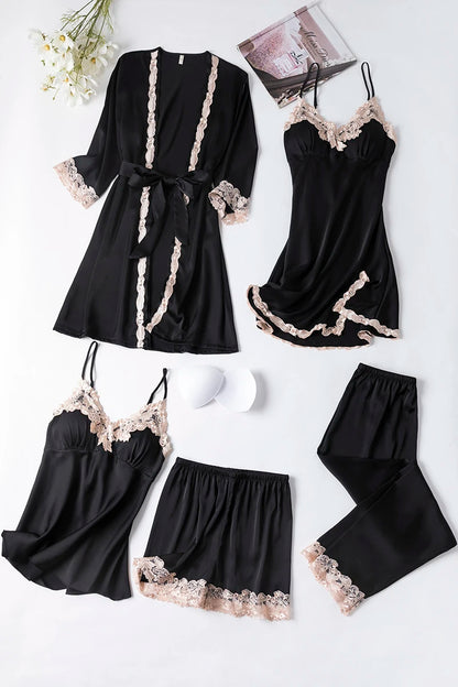 Women Black Lace Kimono Robe Sets Sexy Nightgown Bride Dressing Gown Sleepwear Rayon Pyjamas Suit Summer M-XXL Casual Home Wear
