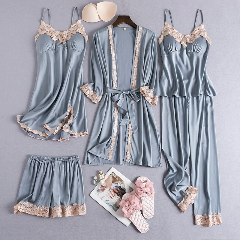 Women Black Lace Kimono Robe Sets Sexy Nightgown Bride Dressing Gown Sleepwear Rayon Pyjamas Suit Summer M-XXL Casual Home Wear