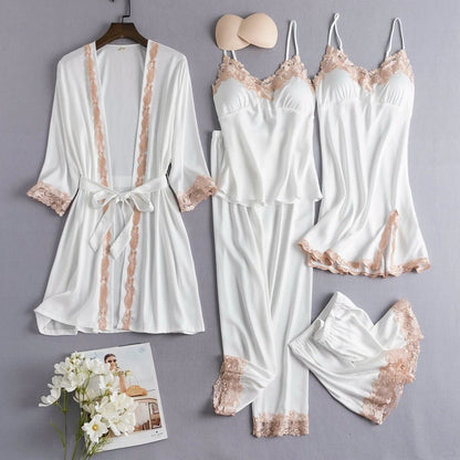 Women Black Lace Kimono Robe Sets Sexy Nightgown Bride Dressing Gown Sleepwear Rayon Pyjamas Suit Summer M-XXL Casual Home Wear