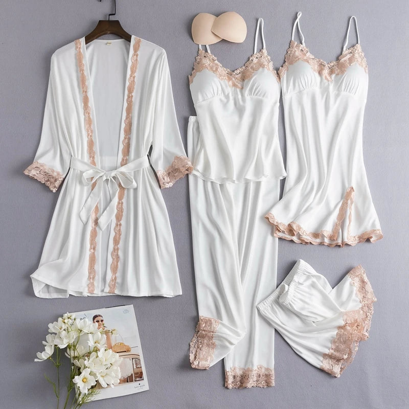 Women Black Lace Kimono Robe Sets Sexy Nightgown Bride Dressing Gown Sleepwear Rayon Pyjamas Suit Summer M-XXL Casual Home Wear