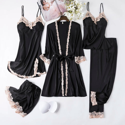 Women Black Lace Kimono Robe Sets Sexy Nightgown Bride Dressing Gown Sleepwear Rayon Pyjamas Suit Summer M-XXL Casual Home Wear