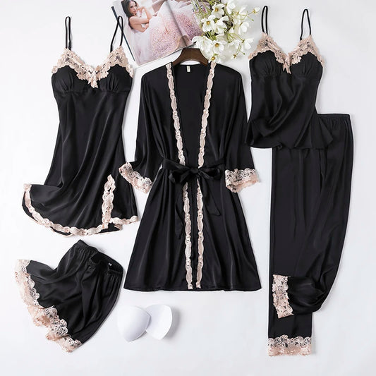 Women Black Lace Kimono Robe Sets Sexy Nightgown Bride Dressing Gown Sleepwear Rayon Pyjamas Suit Summer M-XXL Casual Home Wear