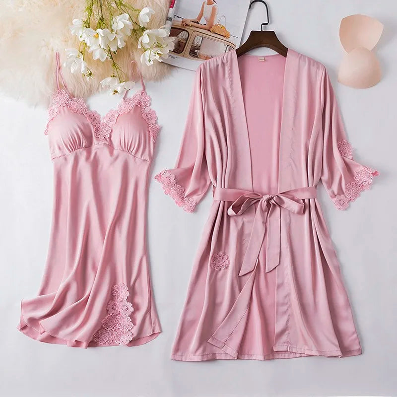 Women Black Lace Kimono Robe Sets Sexy Nightgown Bride Dressing Gown Sleepwear Rayon Pyjamas Suit Summer M-XXL Casual Home Wear