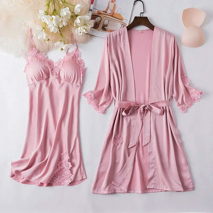 Women Black Lace Kimono Robe Sets Sexy Nightgown Bride Dressing Gown Sleepwear Rayon Pyjamas Suit Summer M-XXL Casual Home Wear
