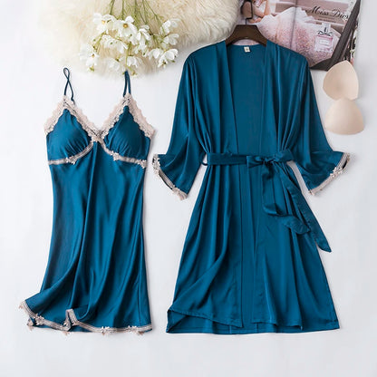 Women Black Lace Kimono Robe Sets Sexy Nightgown Bride Dressing Gown Sleepwear Rayon Pyjamas Suit Summer M-XXL Casual Home Wear