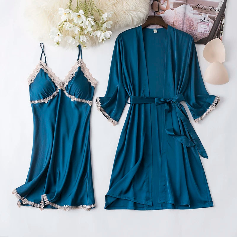 Women Black Lace Kimono Robe Sets Sexy Nightgown Bride Dressing Gown Sleepwear Rayon Pyjamas Suit Summer M-XXL Casual Home Wear