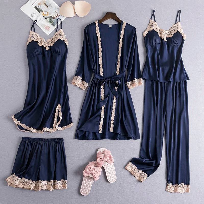 Women Black Lace Kimono Robe Sets Sexy Nightgown Bride Dressing Gown Sleepwear Rayon Pyjamas Suit Summer M-XXL Casual Home Wear