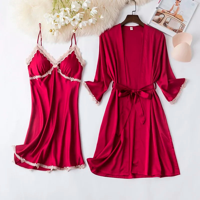 Women Black Lace Kimono Robe Sets Sexy Nightgown Bride Dressing Gown Sleepwear Rayon Pyjamas Suit Summer M-XXL Casual Home Wear