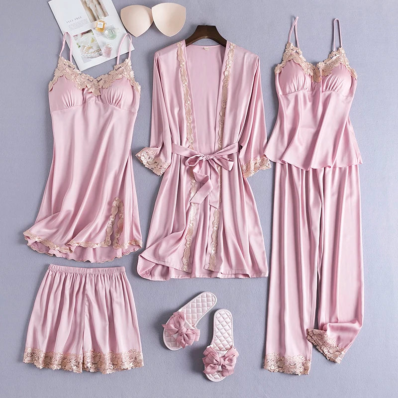 Women Black Lace Kimono Robe Sets Sexy Nightgown Bride Dressing Gown Sleepwear Rayon Pyjamas Suit Summer M-XXL Casual Home Wear