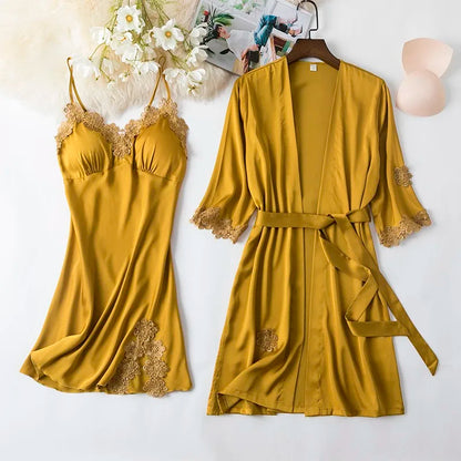 Women Black Lace Kimono Robe Sets Sexy Nightgown Bride Dressing Gown Sleepwear Rayon Pyjamas Suit Summer M-XXL Casual Home Wear