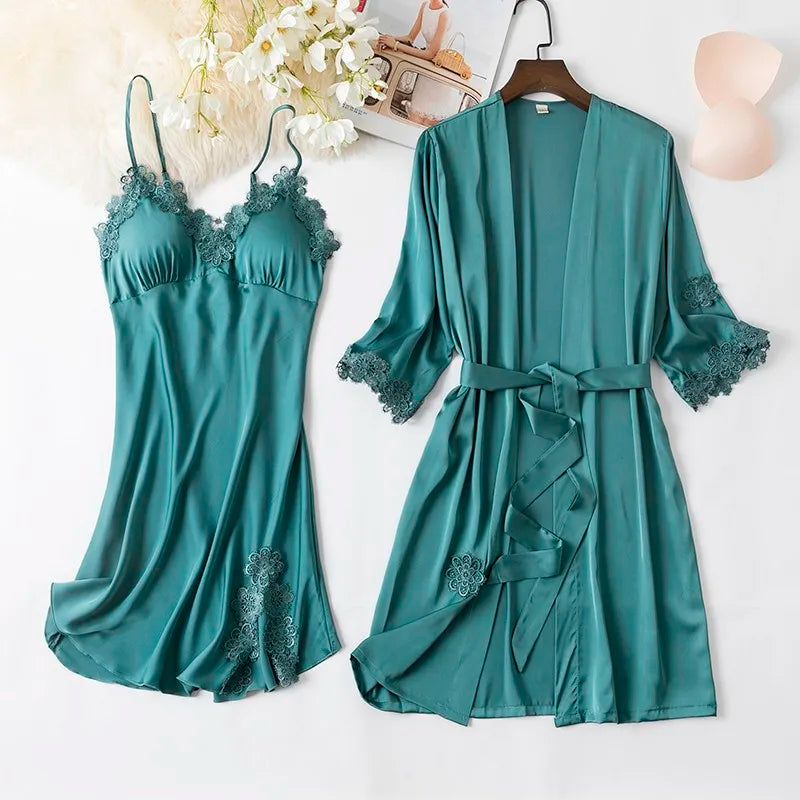 Women Black Lace Kimono Robe Sets Sexy Nightgown Bride Dressing Gown Sleepwear Rayon Pyjamas Suit Summer M-XXL Casual Home Wear