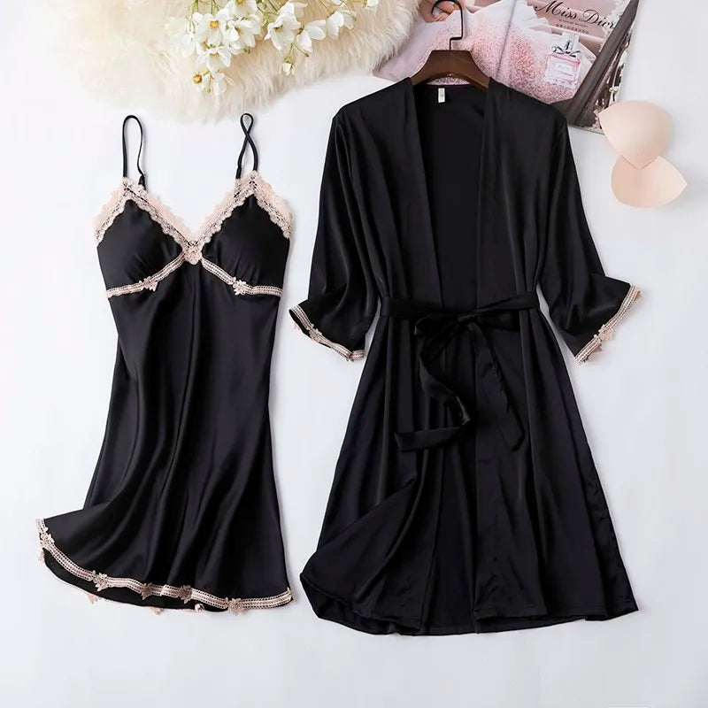 Women Black Lace Kimono Robe Sets Sexy Nightgown Bride Dressing Gown Sleepwear Rayon Pyjamas Suit Summer M-XXL Casual Home Wear