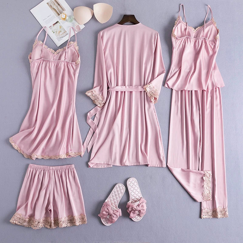 Women Black Lace Kimono Robe Sets Sexy Nightgown Bride Dressing Gown Sleepwear Rayon Pyjamas Suit Summer M-XXL Casual Home Wear