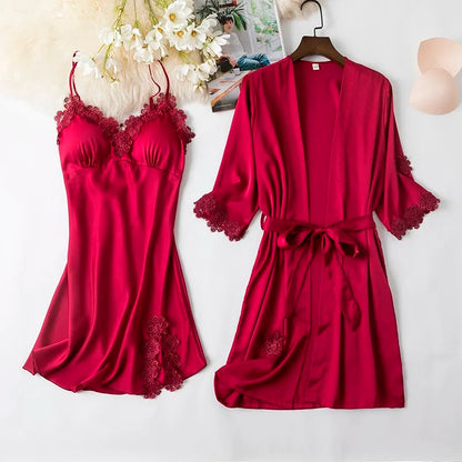 Women Black Lace Kimono Robe Sets Sexy Nightgown Bride Dressing Gown Sleepwear Rayon Pyjamas Suit Summer M-XXL Casual Home Wear