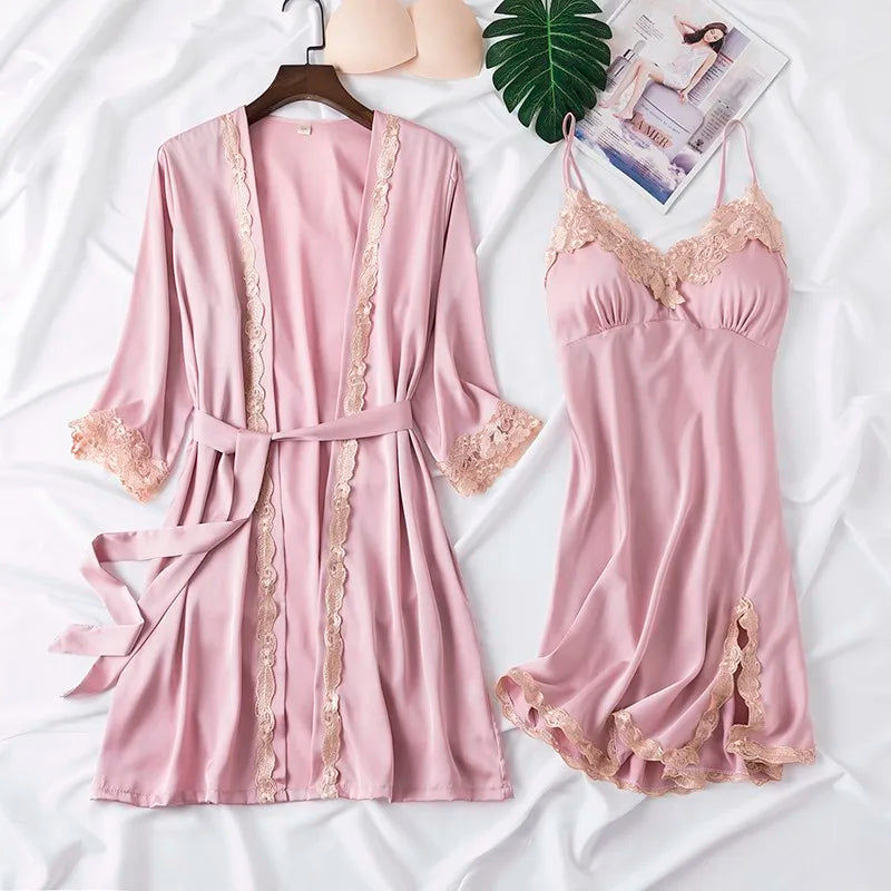 Women Black Lace Kimono Robe Sets Sexy Nightgown Bride Dressing Gown Sleepwear Rayon Pyjamas Suit Summer M-XXL Casual Home Wear