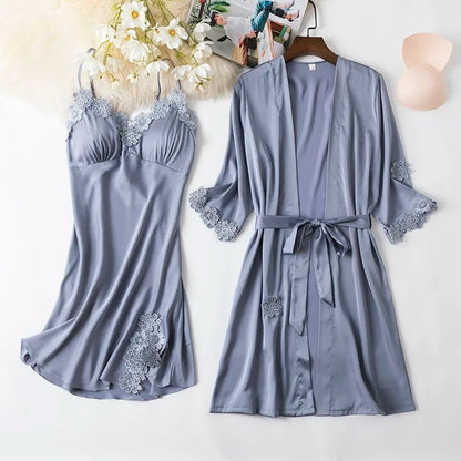 Women Black Lace Kimono Robe Sets Sexy Nightgown Bride Dressing Gown Sleepwear Rayon Pyjamas Suit Summer M-XXL Casual Home Wear