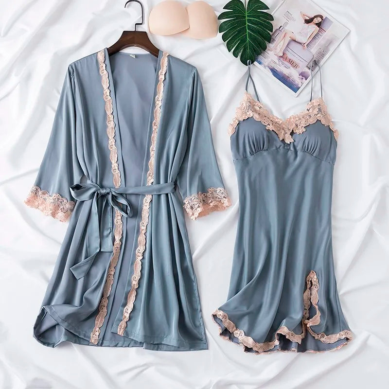 Women Black Lace Kimono Robe Sets Sexy Nightgown Bride Dressing Gown Sleepwear Rayon Pyjamas Suit Summer M-XXL Casual Home Wear