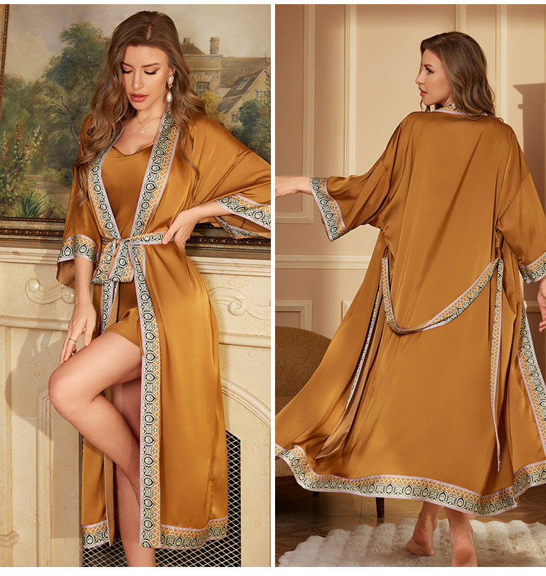 Plus Size Female Long Robe Home Wear Spring Summer New Sleepwear Kimono Gown Sexy Ice Silk Bathrobe Nightgown Loose Loungewear