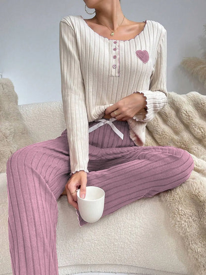 Women's Ribbed Pajamas Set Cute Heart Long Sleeve Top And Trousers Sleepwear 2 Piece Set For Women Casual Suit Loungewear