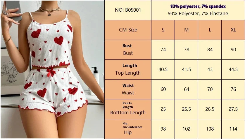 New Women's Pajamas Set Sleepwear Short Tank Tops And Shorts S M L XL White Ventilate Soft Casual Love Printing Women Sleepwear