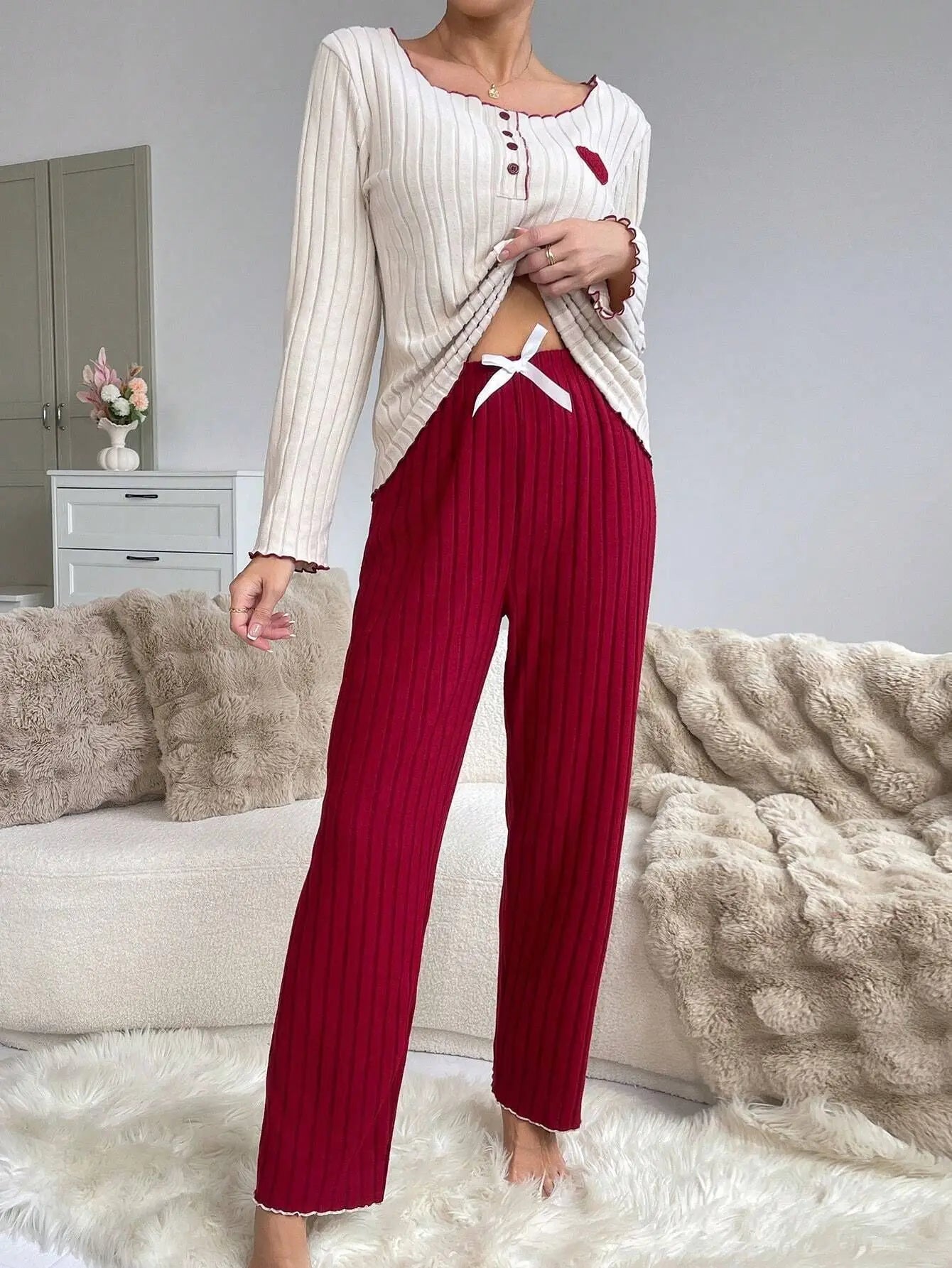 Women's Ribbed Pajamas Set Cute Heart Long Sleeve Top And Trousers Sleepwear 2 Piece Set For Women Casual Suit Loungewear
