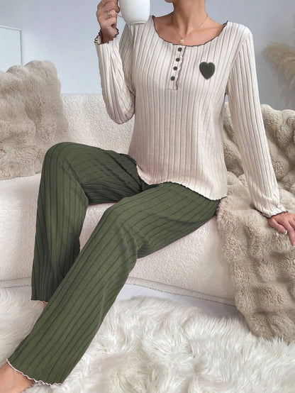 Women's Ribbed Pajamas Set Cute Heart Long Sleeve Top And Trousers Sleepwear 2 Piece Set For Women Casual Suit Loungewear