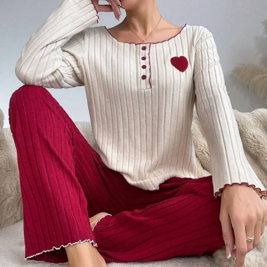 Women's Ribbed Pajamas Set Cute Heart Long Sleeve Top And Trousers Sleepwear 2 Piece Set For Women Casual Suit Loungewear