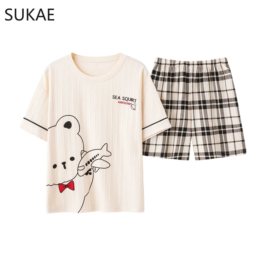 SUKAE Summer Cotton Shorts Couple Sleepwear Cute Pajama  Korean Pajamas Set for Man Fashion Trendy Woman Pijama Casual Nightwear