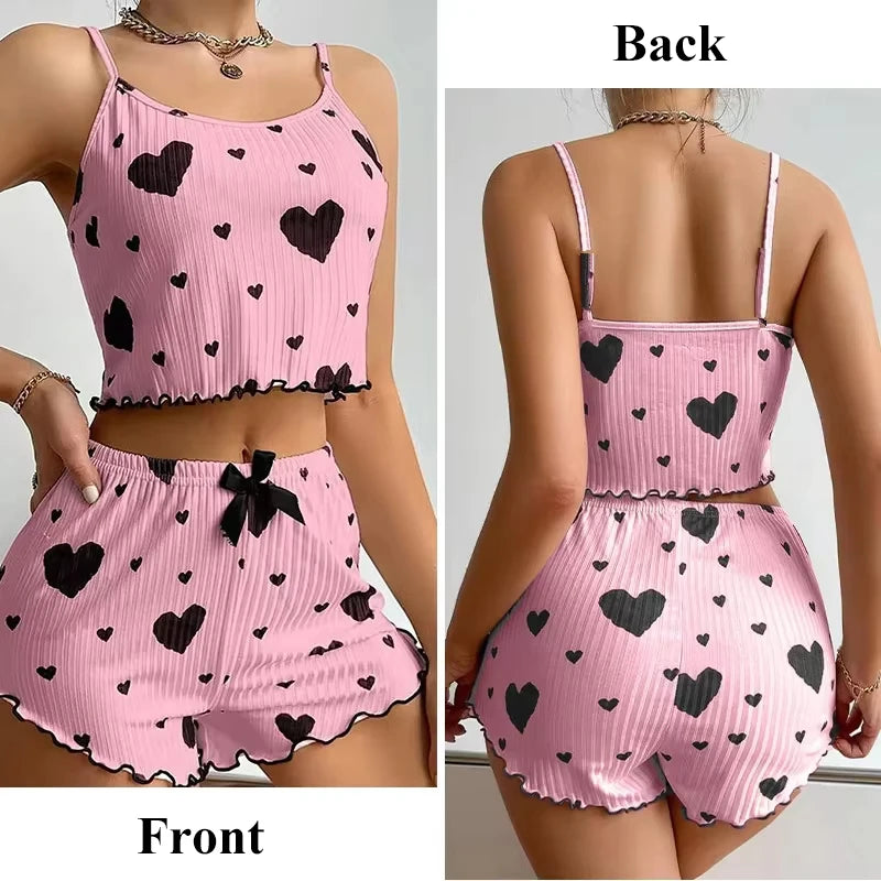 New Women's Pajamas Set Sleepwear Short Tank Tops And Shorts S M L XL White Ventilate Soft Casual Love Printing Women Sleepwear