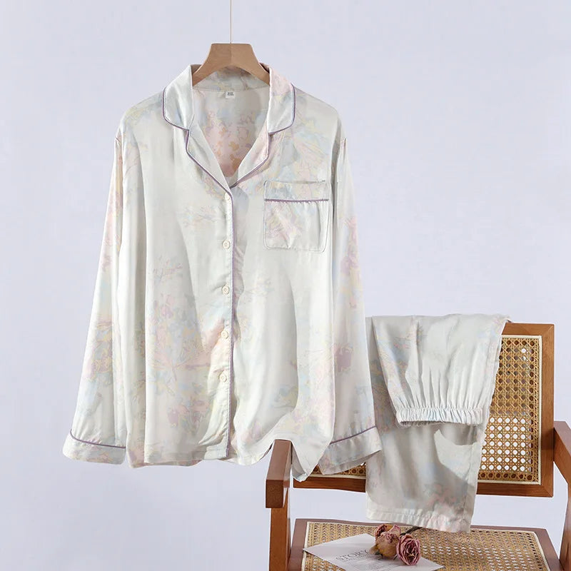 High Quality Women's Cotton Viscose Sleepwear Clothes Fresh and Elegant Thin Style Long Sleeved Pants Set Home Clothes