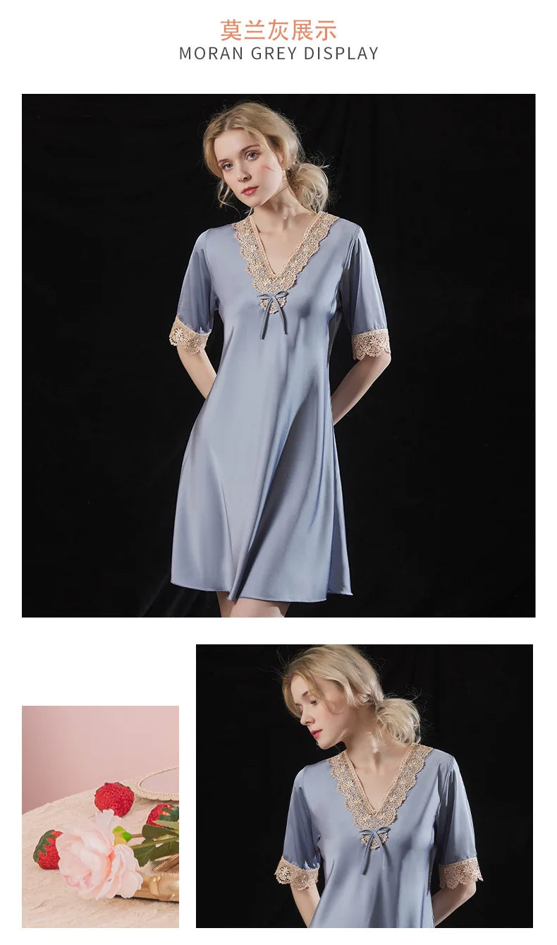 Women Silk Nightdress Summer Lingerie Satin Sleepwear For Ladies Lace V-neck Nightwear Short Sleeve Nightgown Home Clothes