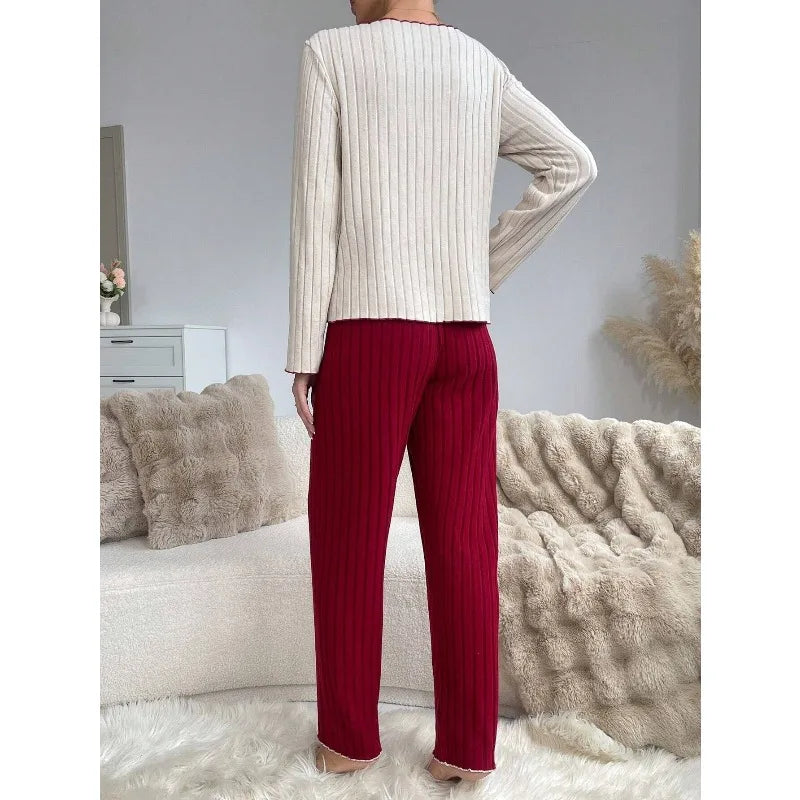 Women's Ribbed Pajamas Set Cute Heart Long Sleeve Top And Trousers Sleepwear 2 Piece Set For Women Casual Suit Loungewear