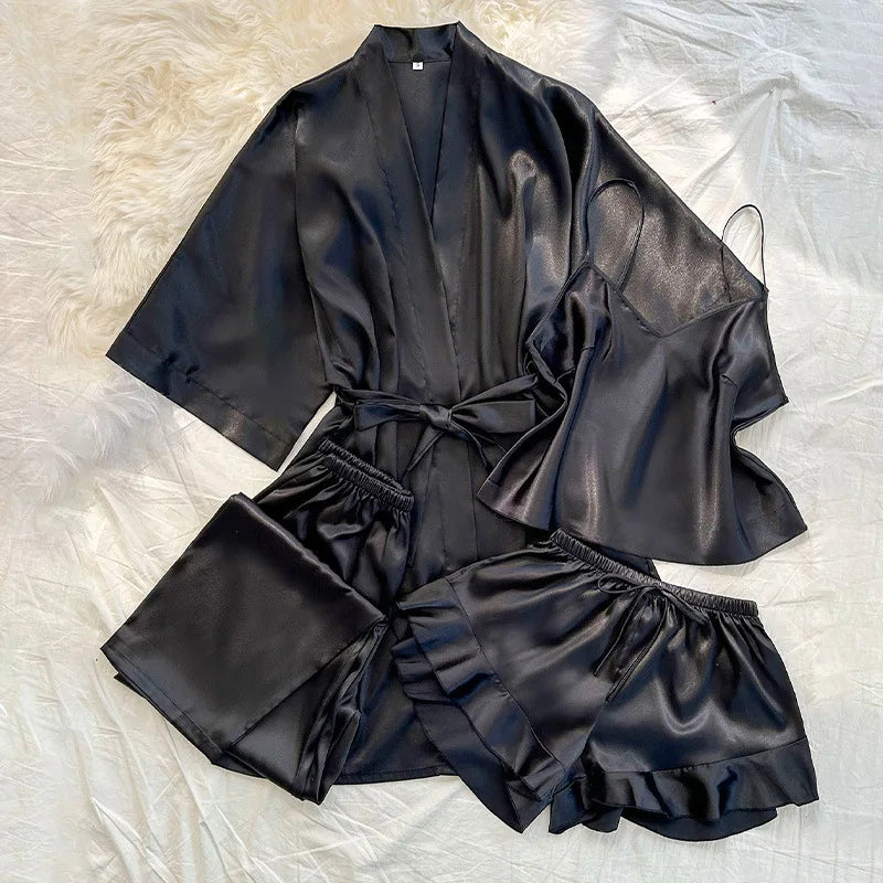 Spring Summer New Women Pajama Four Piece Suit Sleepwear Silky Satin Kimono Bathrobe Trouser Suits Loose Home Clothes Loungewear