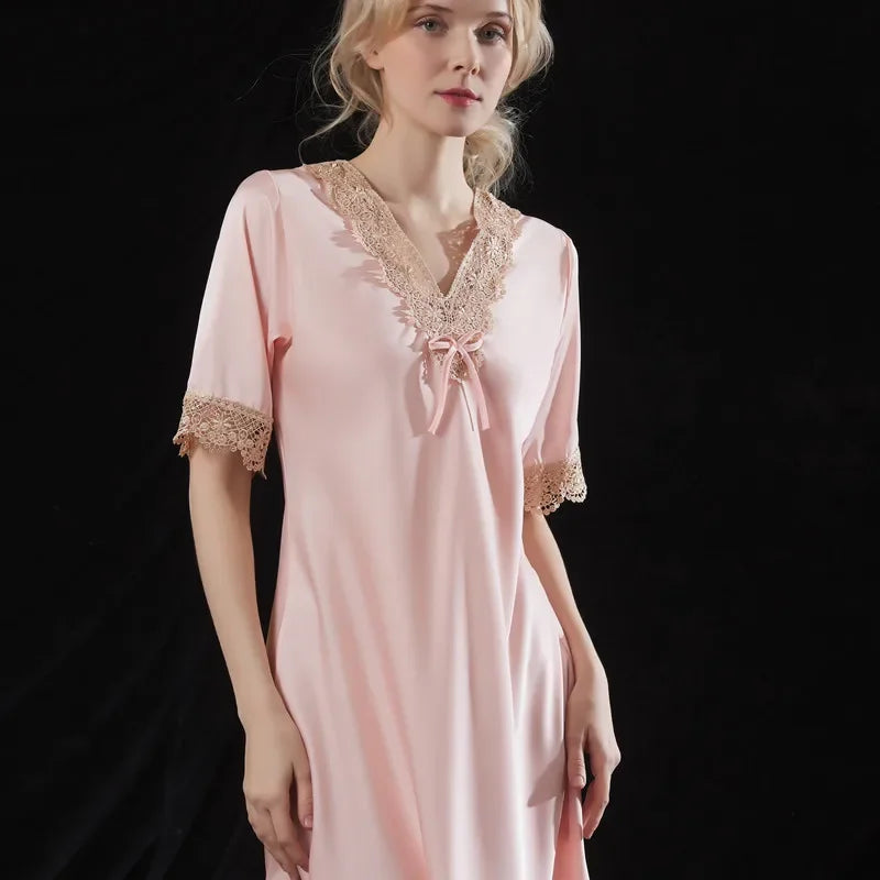 Women Silk Nightdress Summer Lingerie Satin Sleepwear For Ladies Lace V-neck Nightwear Short Sleeve Nightgown Home Clothes