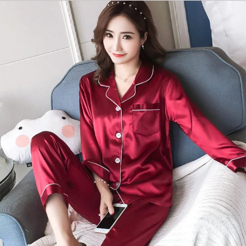 Pajamas Sets for Women 2025 Sexy Silk Women Pijama Sets Sleepwear Long-sleeve Cardigan Set Female Ice Silk Pyjamas Home Clothing