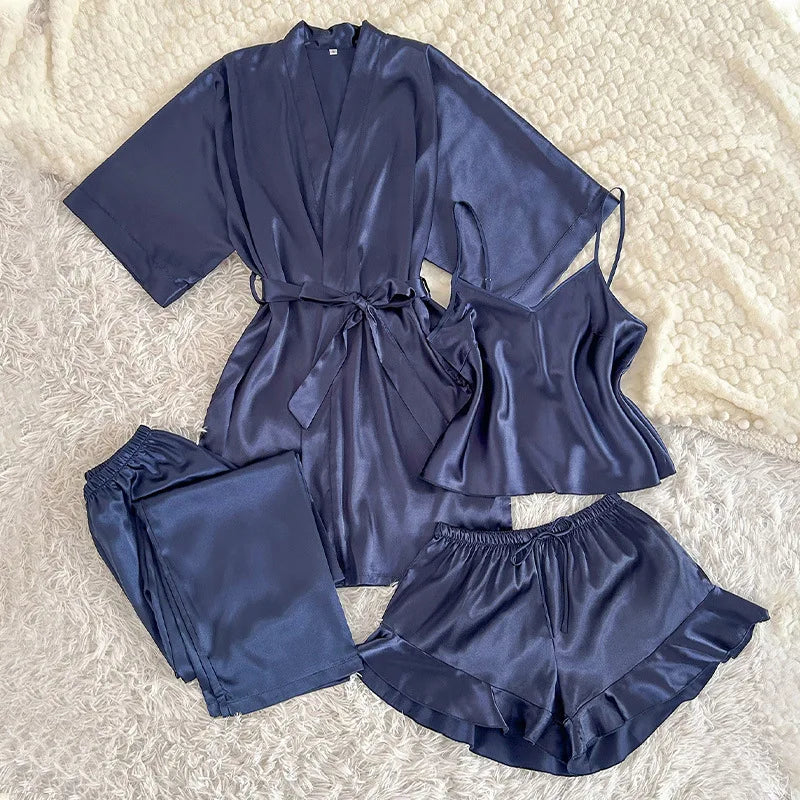 Spring Summer New Women Pajama Four Piece Suit Sleepwear Silky Satin Kimono Bathrobe Trouser Suits Loose Home Clothes Loungewear