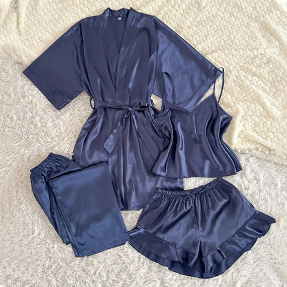 Spring Summer New Women Pajama Four Piece Suit Sleepwear Silky Satin Kimono Bathrobe Trouser Suits Loose Home Clothes Loungewear