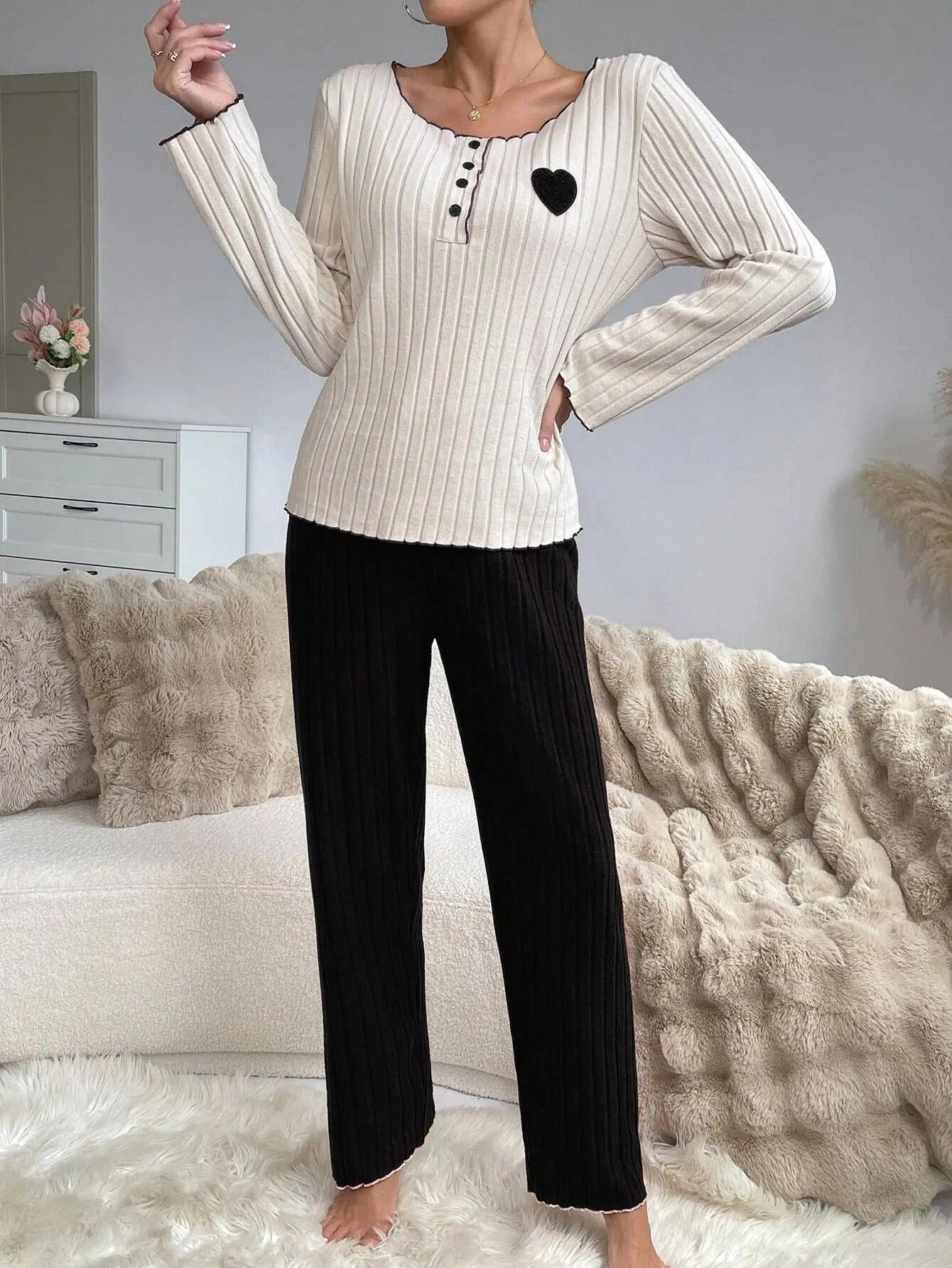 Women's Ribbed Pajamas Set Cute Heart Long Sleeve Top And Trousers Sleepwear 2 Piece Set For Women Casual Suit Loungewear