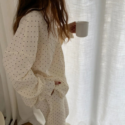 Spring and Autumn Season Korean Style Cute Wrinkled Fabric Sleepwear Women's Long Sleeve Long Pants Loose Student Homewear Set