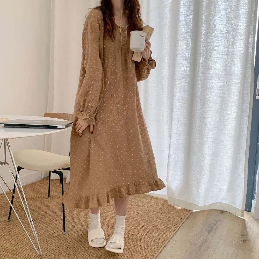 Spring and Autumn Season Korean Style Cute Wrinkled Fabric Sleepwear Women's Long Sleeve Long Pants Loose Student Homewear Set