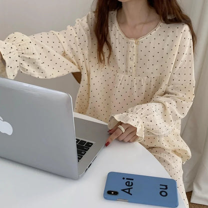 Spring and Autumn Season Korean Style Cute Wrinkled Fabric Sleepwear Women's Long Sleeve Long Pants Loose Student Homewear Set
