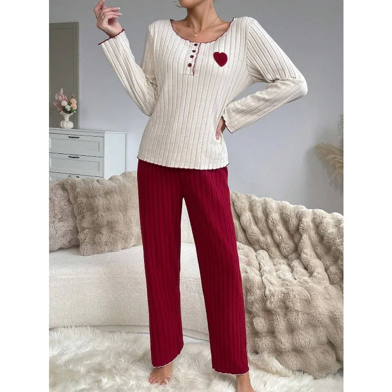 Women's Ribbed Pajamas Set Cute Heart Long Sleeve Top And Trousers Sleepwear 2 Piece Set For Women Casual Suit Loungewear