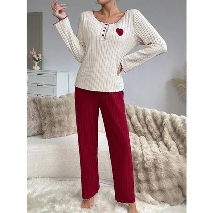 Women's Ribbed Pajamas Set Cute Heart Long Sleeve Top And Trousers Sleepwear 2 Piece Set For Women Casual Suit Loungewear