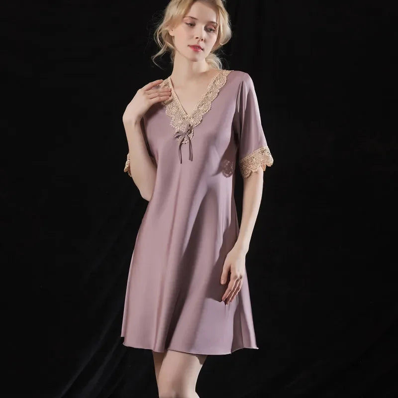 Women Silk Nightdress Summer Lingerie Satin Sleepwear For Ladies Lace V-neck Nightwear Short Sleeve Nightgown Home Clothes