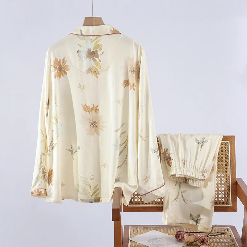 High Quality Women's Cotton Viscose Sleepwear Clothes Fresh and Elegant Thin Style Long Sleeved Pants Set Home Clothes